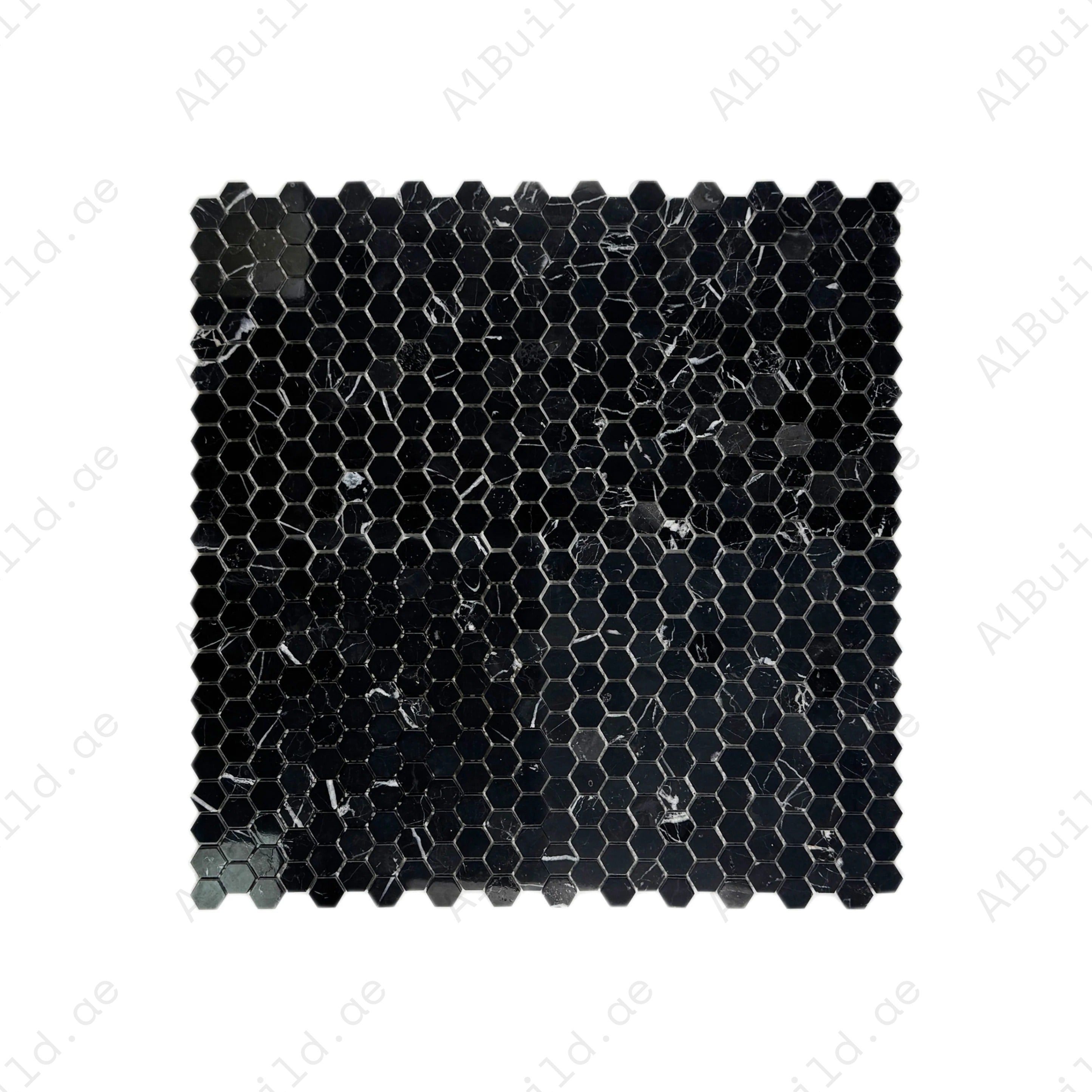 Versace Luxury Black Marquina hexagon marble mosaic with polished finish. Bold veining, timeless design, ideal for walls, floors, and high-end interiors.