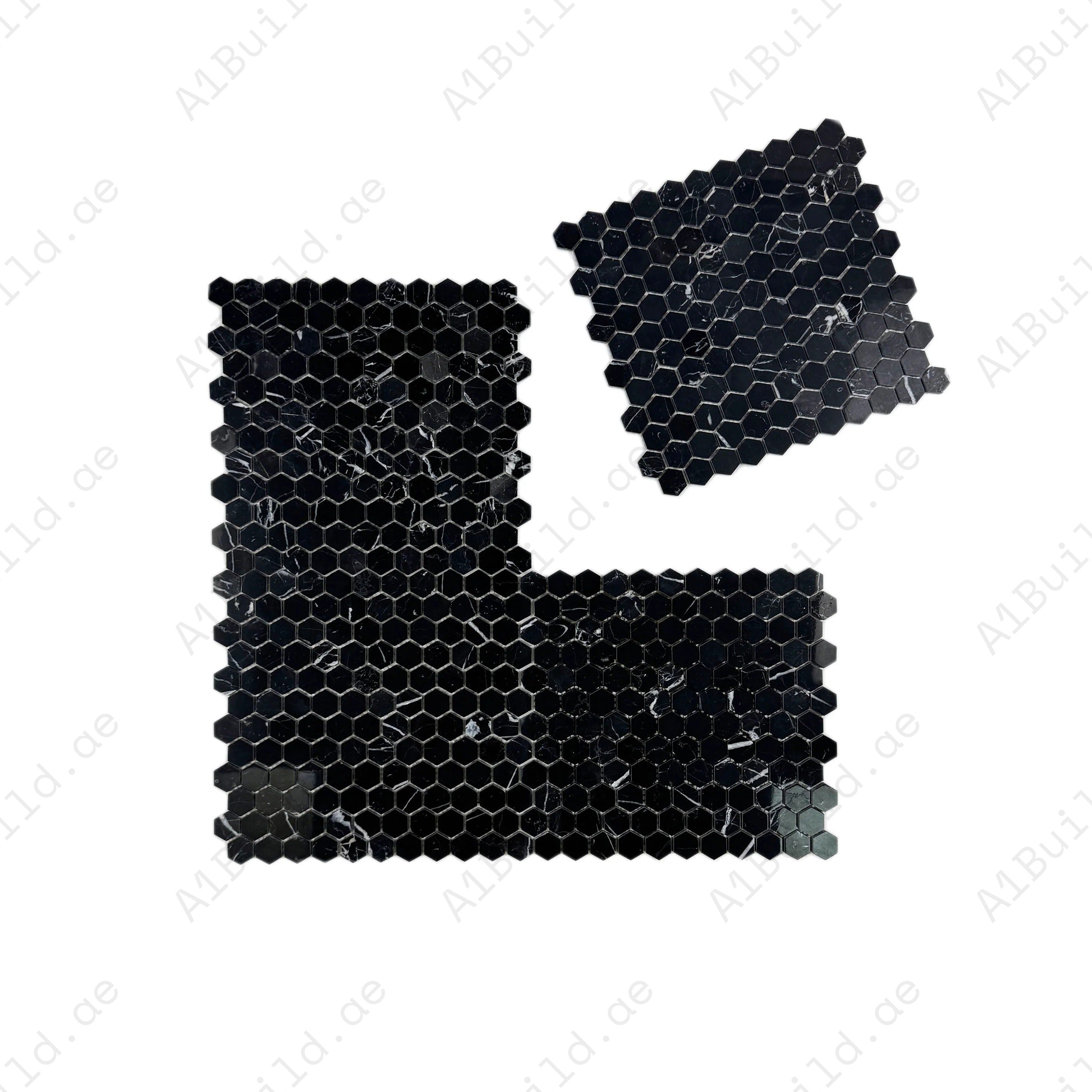 Versace Luxury Black Marquina hexagon marble mosaic with polished finish. Bold veining, timeless design, ideal for walls, floors, and high-end interiors.