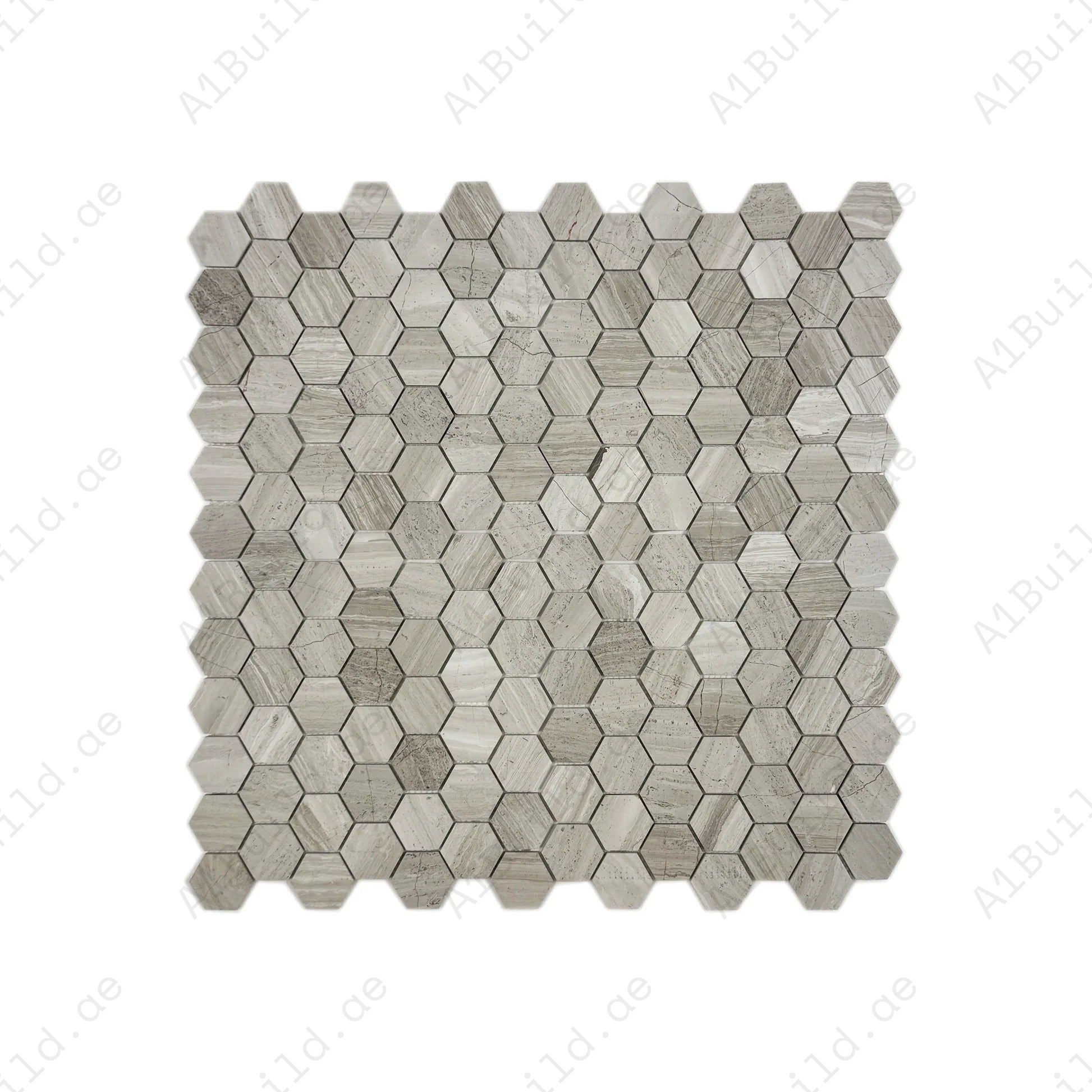 Versace White Wood Vein polished large hexagon marble mosaic tile. Elegant veined design, glossy finish & durable marble for bathrooms, kitchens & walls.