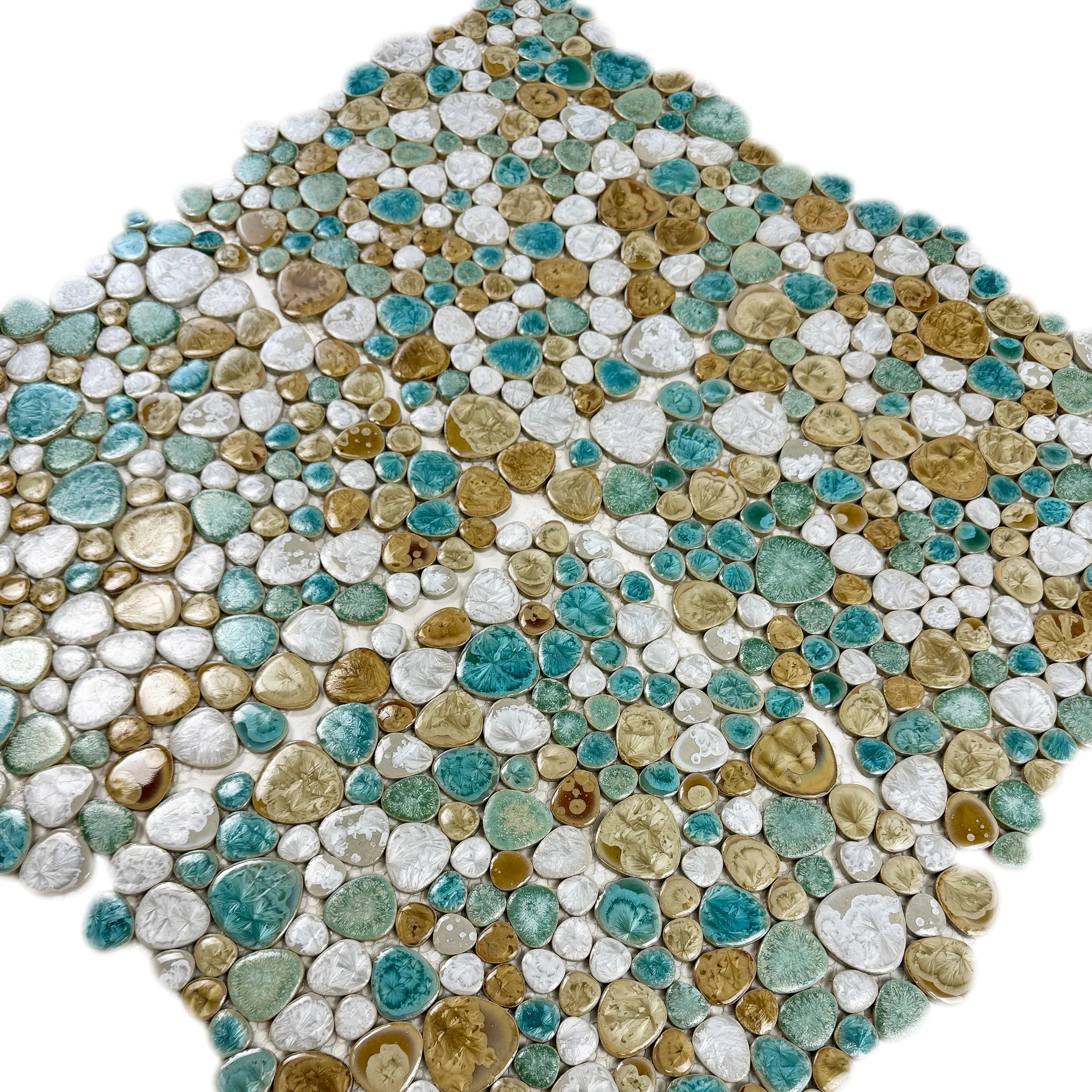 White, beige & jungle green mixed round ice crack porcelain mosaic. Perfect for walls, kitchens, bathrooms, and decorative spaces with a natural vibe.