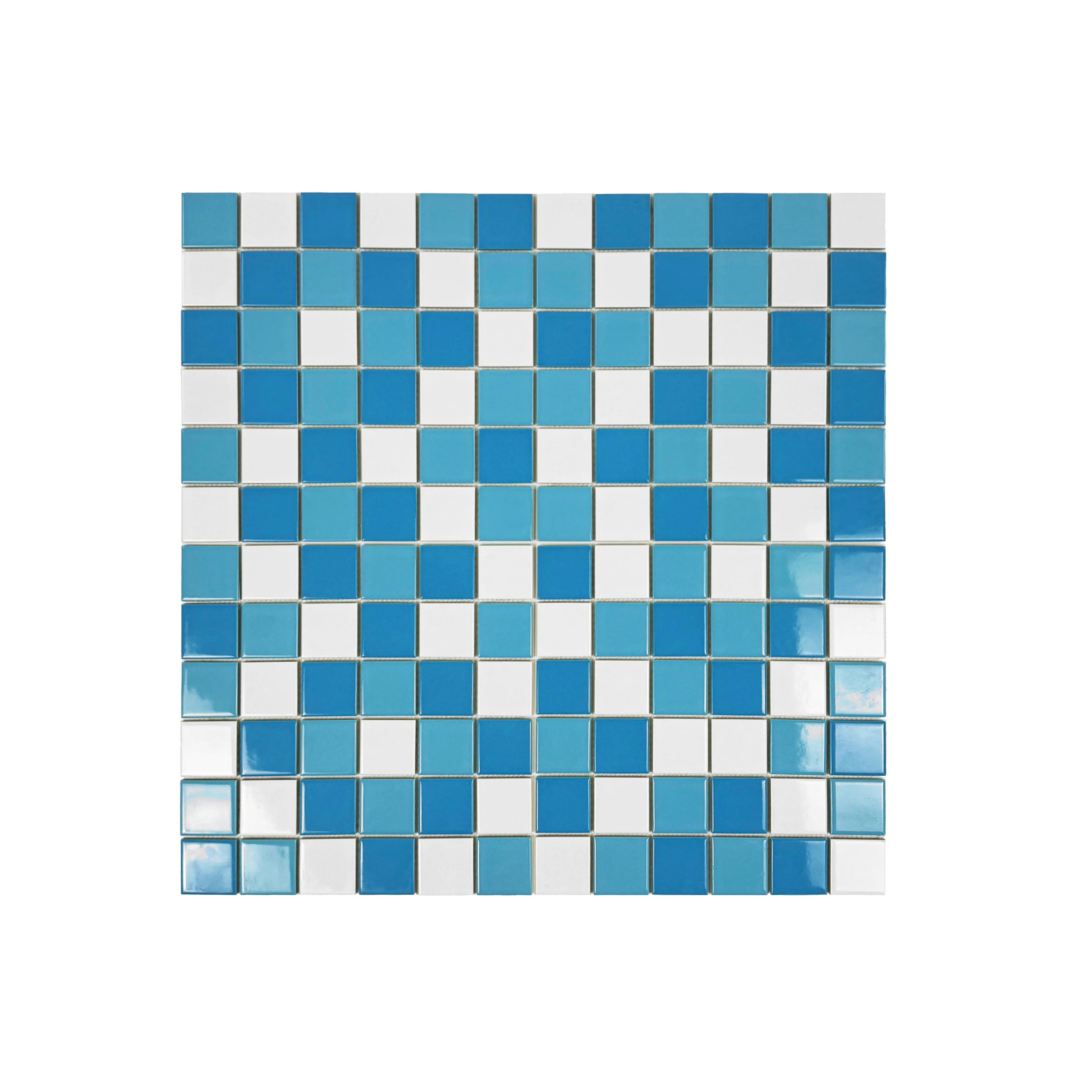 White, sky & light blue porcelain mosaic. 48x48 chips on 306x306 sheets; 22/box covers 2.06 sqm. UV- & slip resistant—great for pools, spas, and water features.
