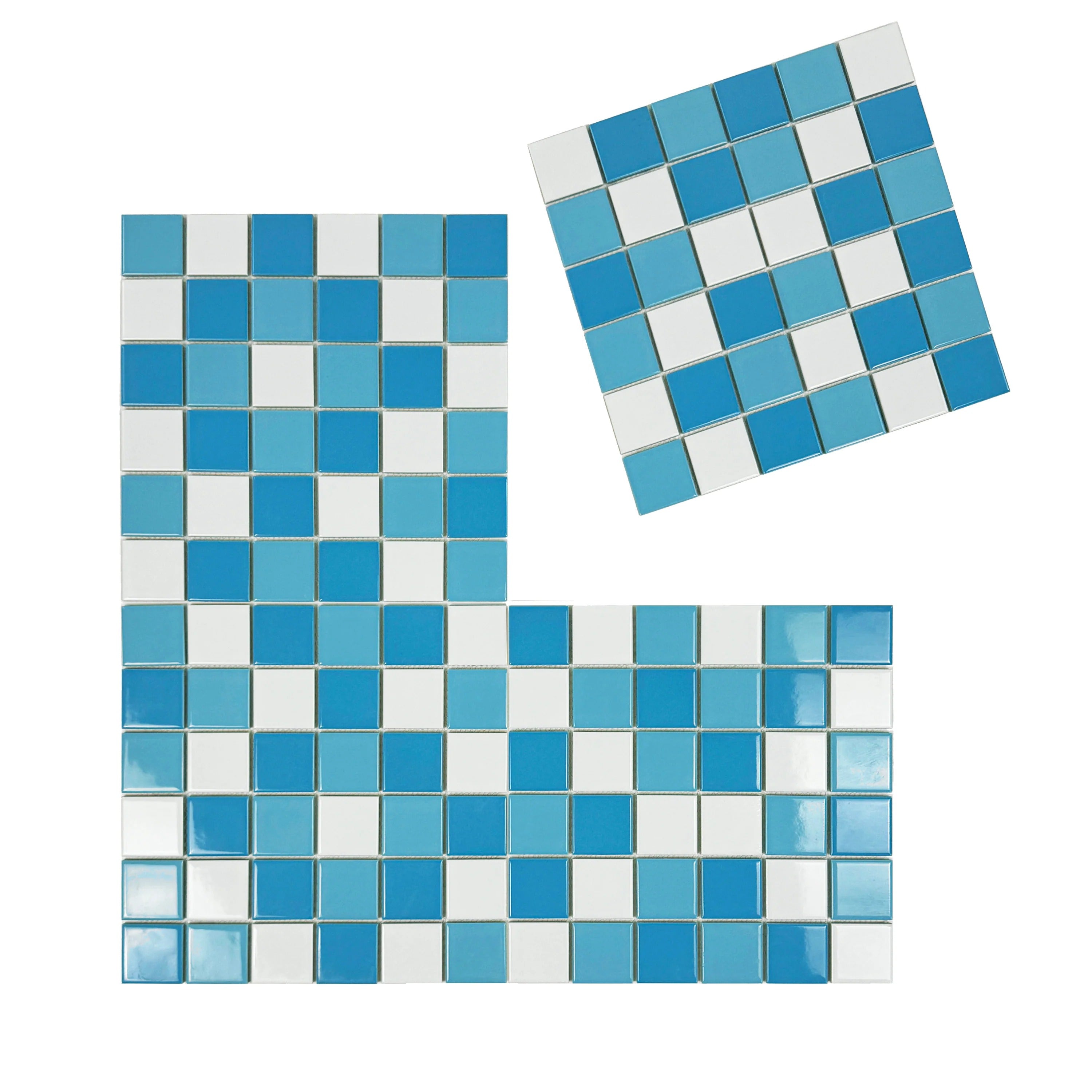 White, sky & light blue porcelain mosaic. 48x48 chips on 306x306 sheets; 22/box covers 2.06 sqm. UV- & slip resistant—great for pools, spas, and water features.