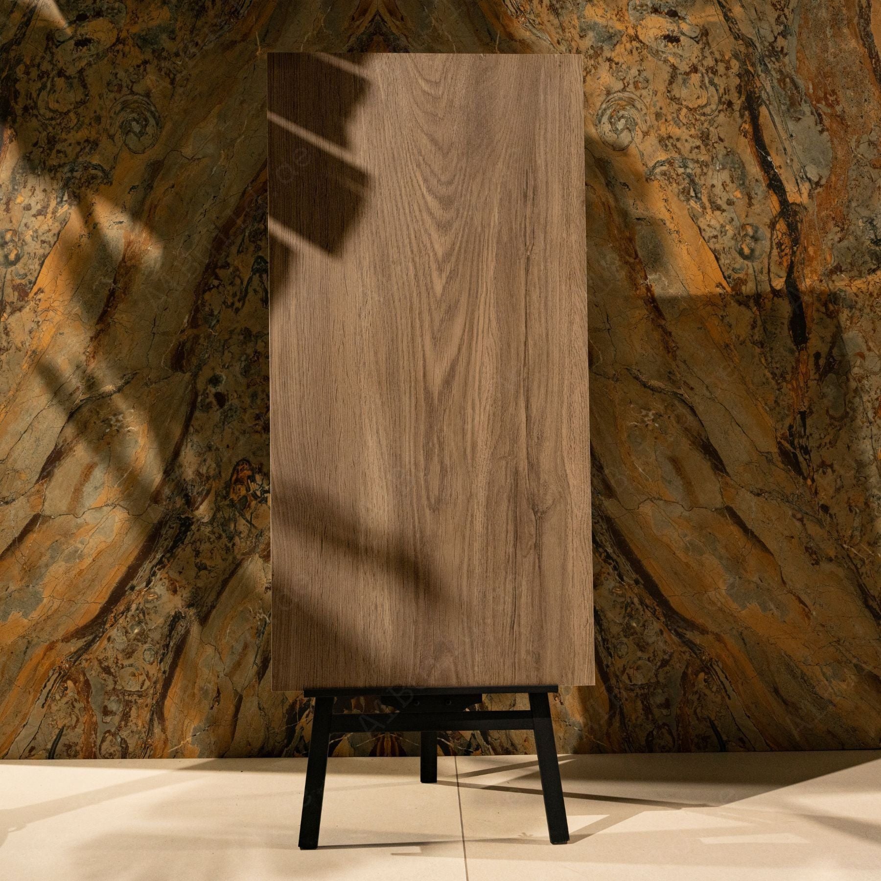 Wood Dark wood-look porcelain tile in 60x120cm size with rich dark tones, durable 9mm thickness and natural texture for modern floors and walls.