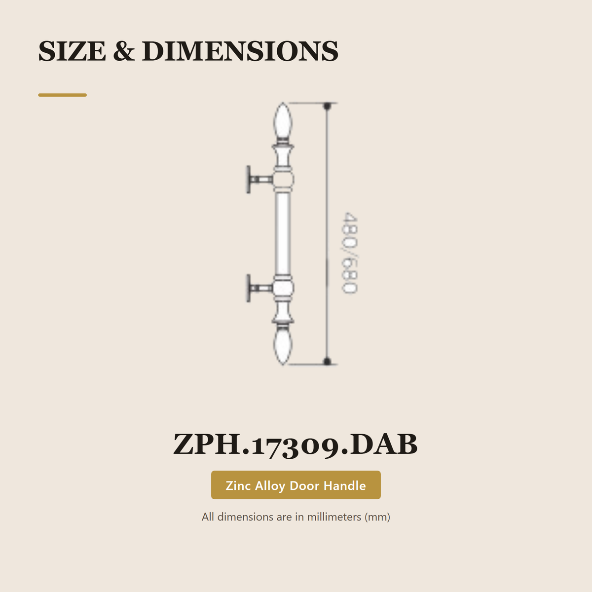 ZPH.17309.DAB premium zinc alloy door pull handle from the Zinc Alloy Door Handle Series. 680 mm overall with 480 mm fixing centres in Dark Antique Brass. Built for smooth, reliable everyday use.
