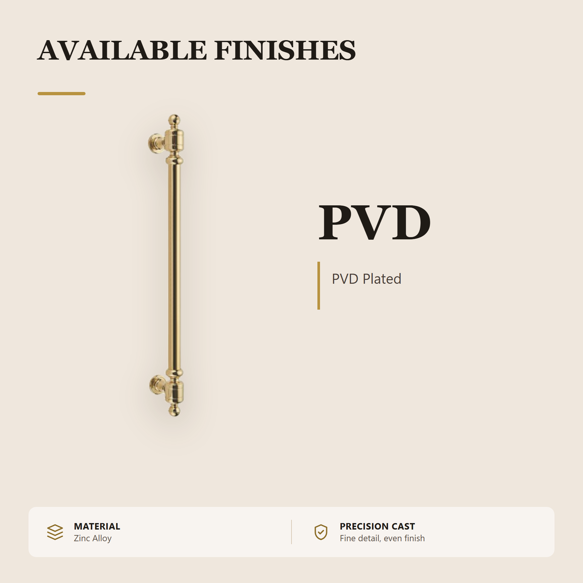 ZPH.201126.PVD premium zinc alloy door pull handle from the Zinc Alloy Door Handle Series. 800 mm overall with 330, 500 mm fixing centres in PVD Gold. Built for smooth, reliable everyday use.
