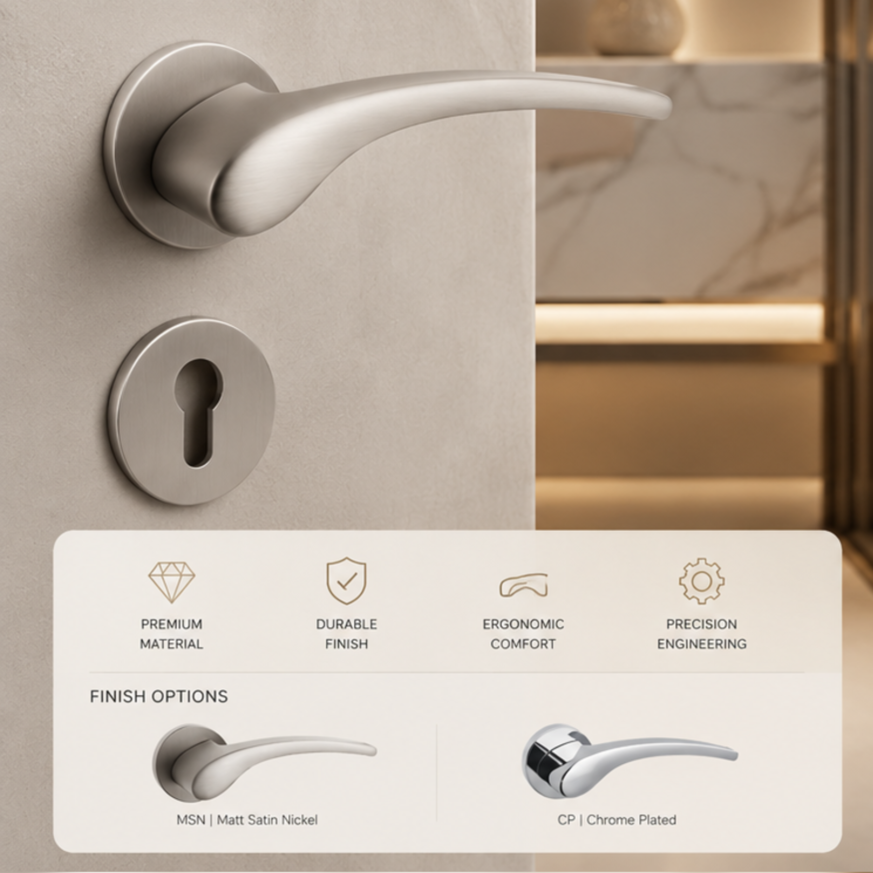 ZR180605 zinc alloy door handle with matt satin nickel and chrome plated finish. Durable, stylish, and secure design ideal for modern interiors.