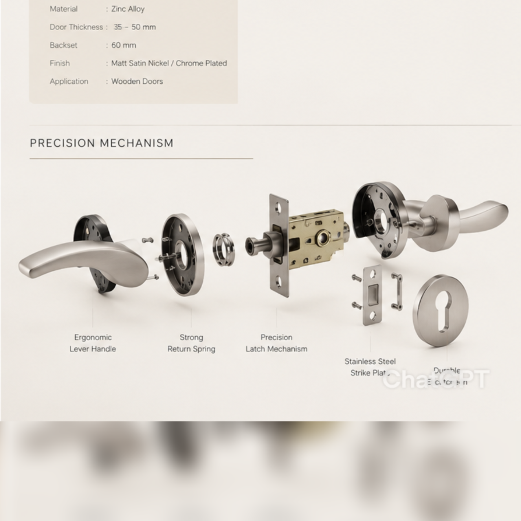 ZR180605 zinc alloy door handle with matt satin nickel and chrome plated finish. Durable, stylish, and secure design ideal for modern interiors.