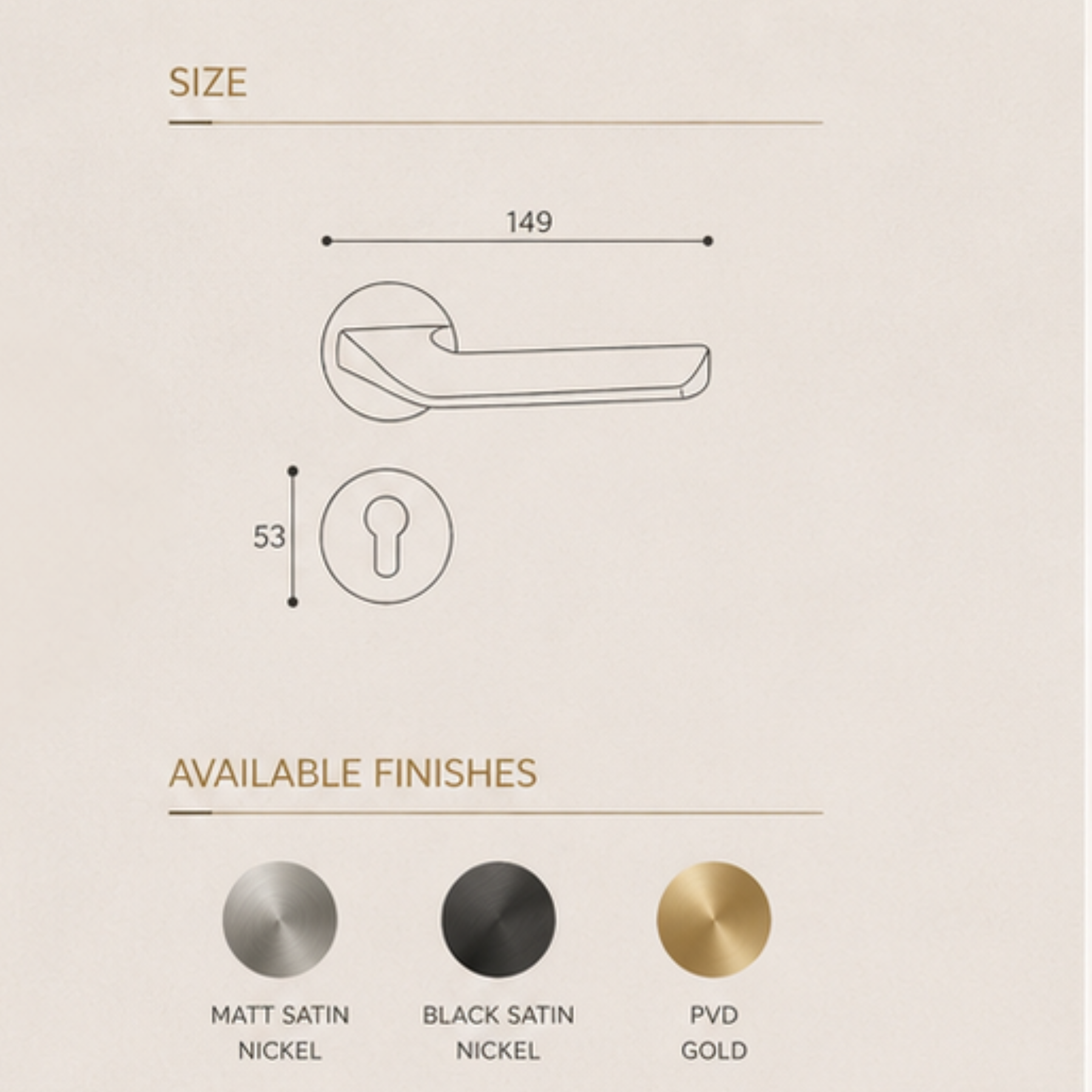 ZR180606 Cylenik Lerk door handle in zinc alloy with Black Satin Nickel and MSN PVD finish. Durable 149x53mm luxury handle for modern interiors.