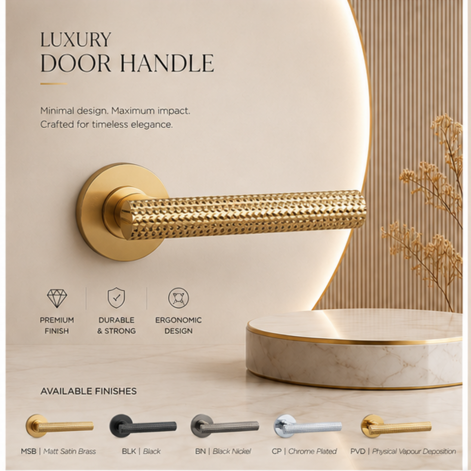 ZR191241 luxury zinc alloy door handle with Black, Chrome, Black Nickel & Satin Nickel PVD finishes. Durable 139x53mm modern interior hardware solution.