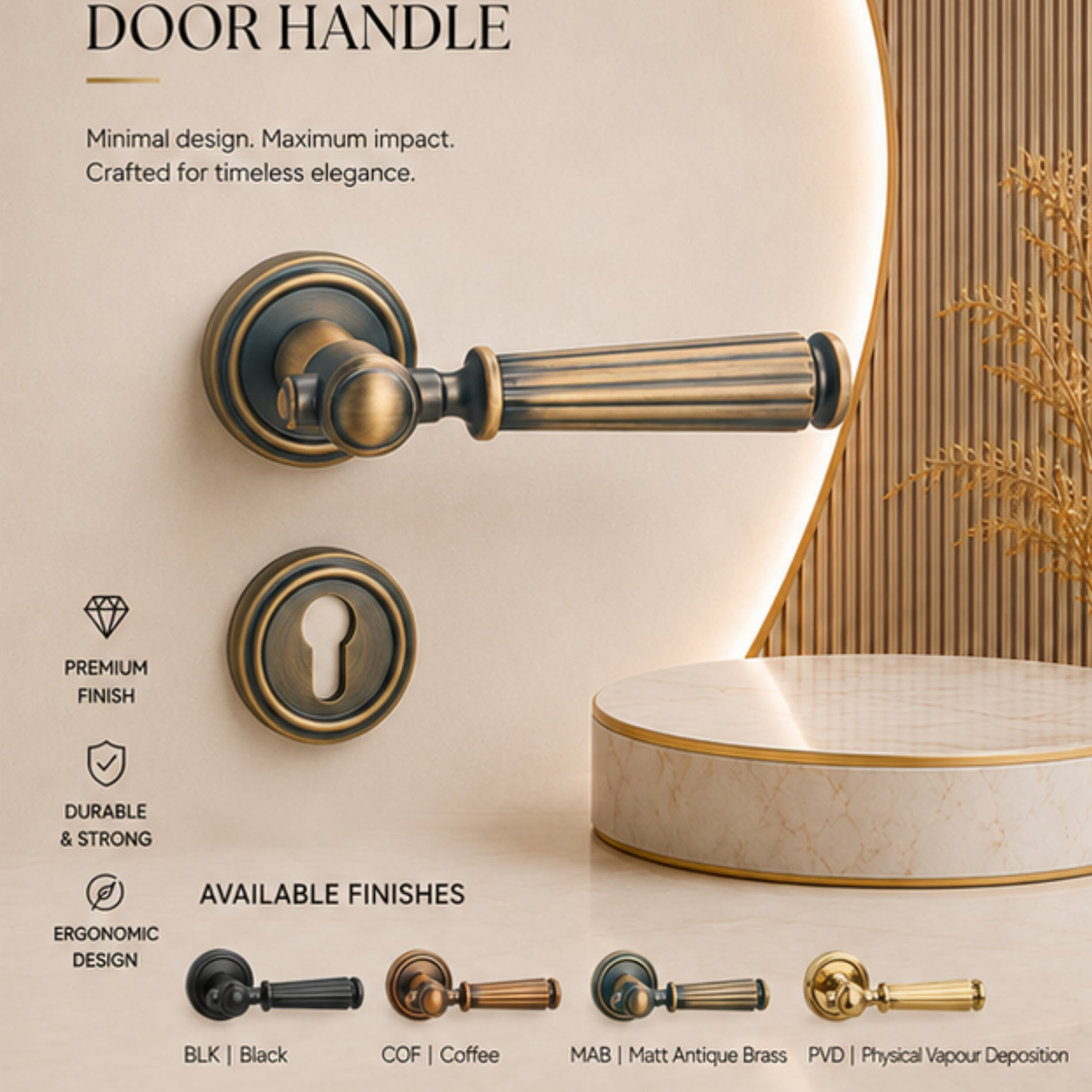 ZR220539 luxury zinc alloy door handle with Black, Coffee and Matt Antique Brass PVD finishes. Premium architectural hardware for modern interiors.