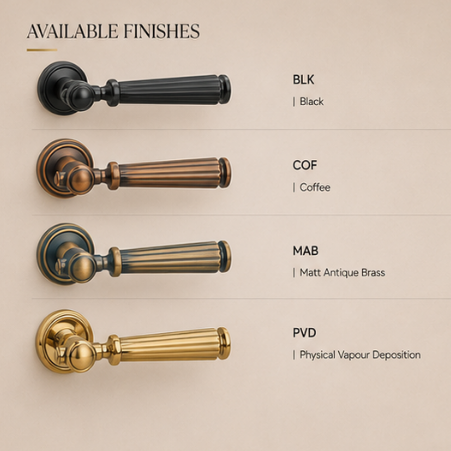 ZR220539 luxury zinc alloy door handle with Black, Coffee and Matt Antique Brass PVD finishes. Premium architectural hardware for modern interiors.