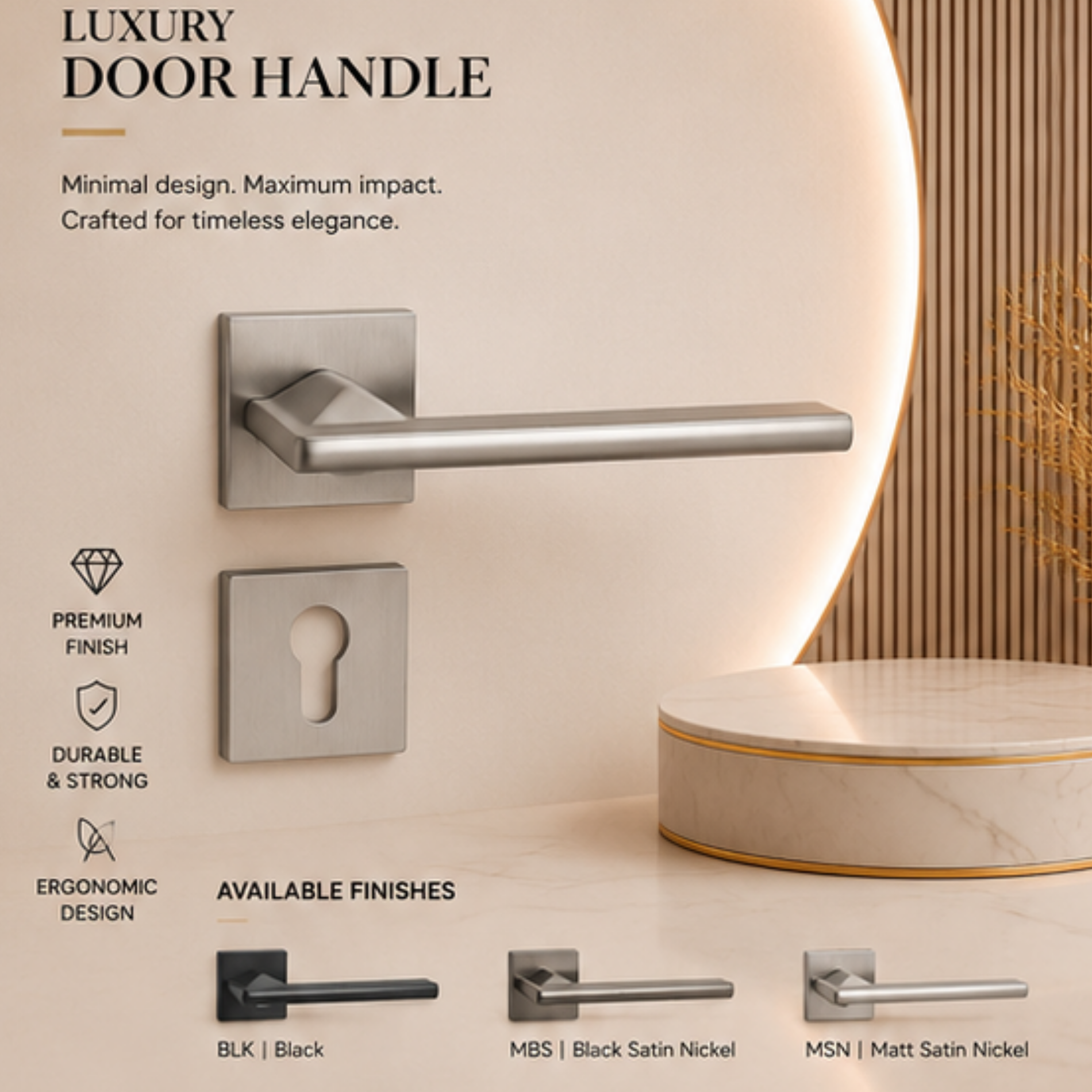 ZR220683 luxury zinc alloy door handle in Black, Black Satin Nickel and Matt Satin Nickel finishes. Premium modern hardware for elegant interiors.