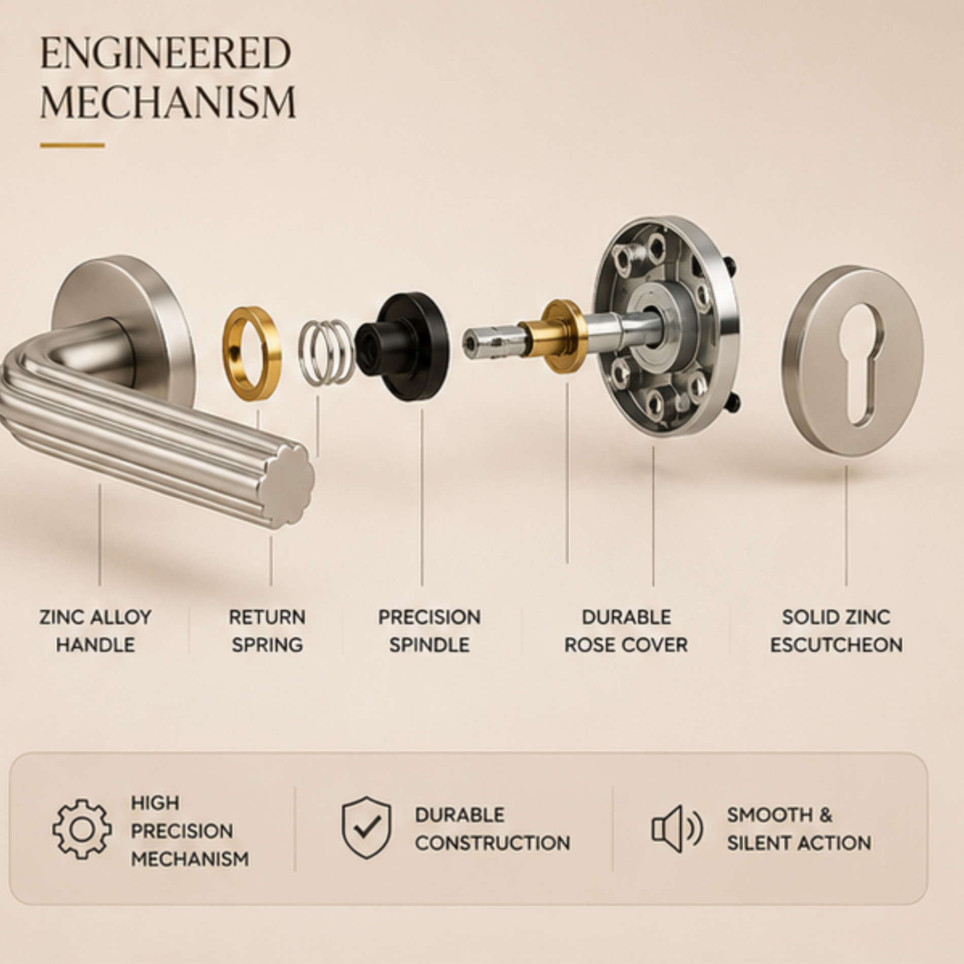 ZR230400 luxury zinc alloy door handle in Chrome Plated, Matt Satin Nickel and Satin Brass finishes. Premium hardware for modern interiors.