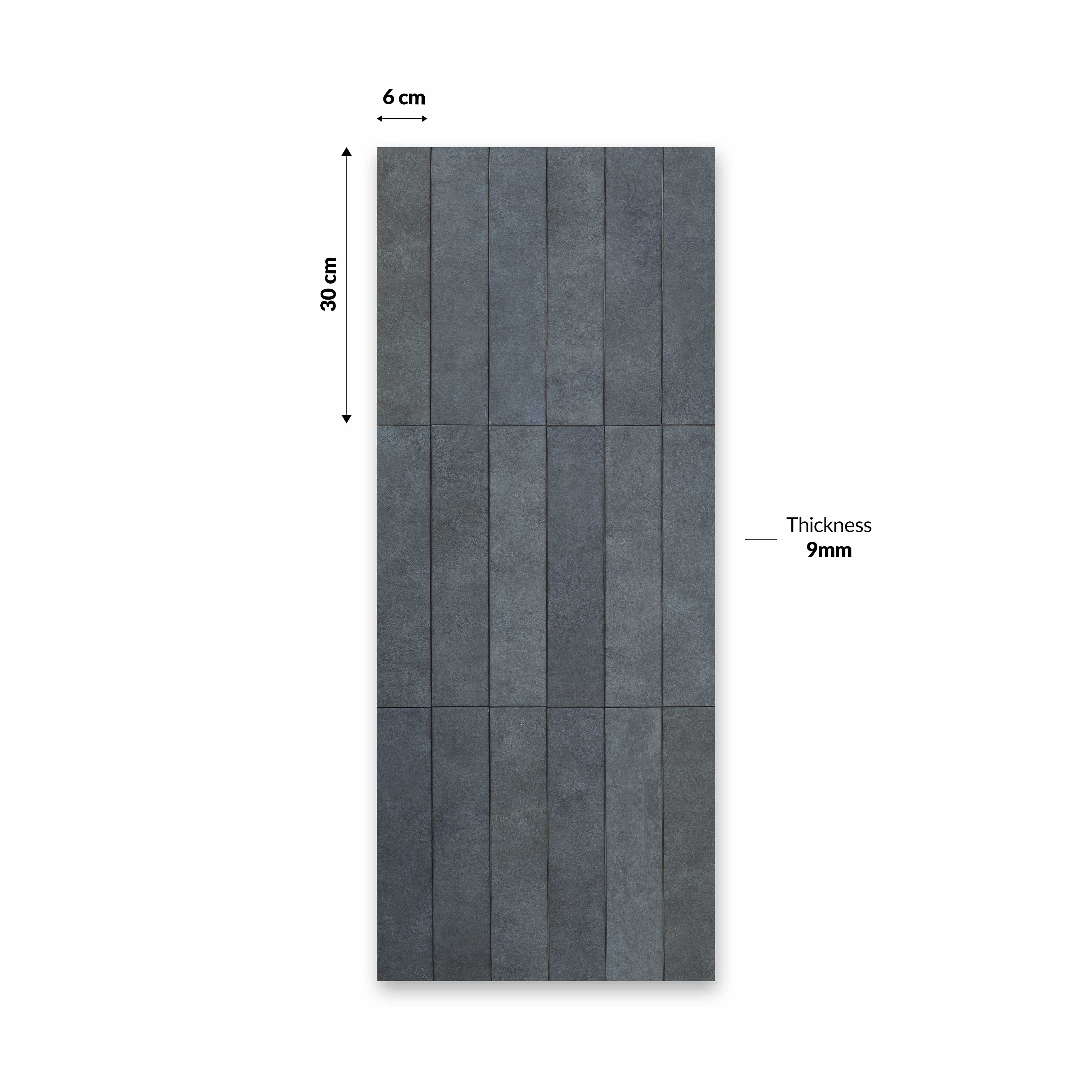 Stage Denim matt ceramic tiles, 06x30cm, made in Spain. Perfect for indoor walls, kitchens, bathrooms, and outdoor wall designs.