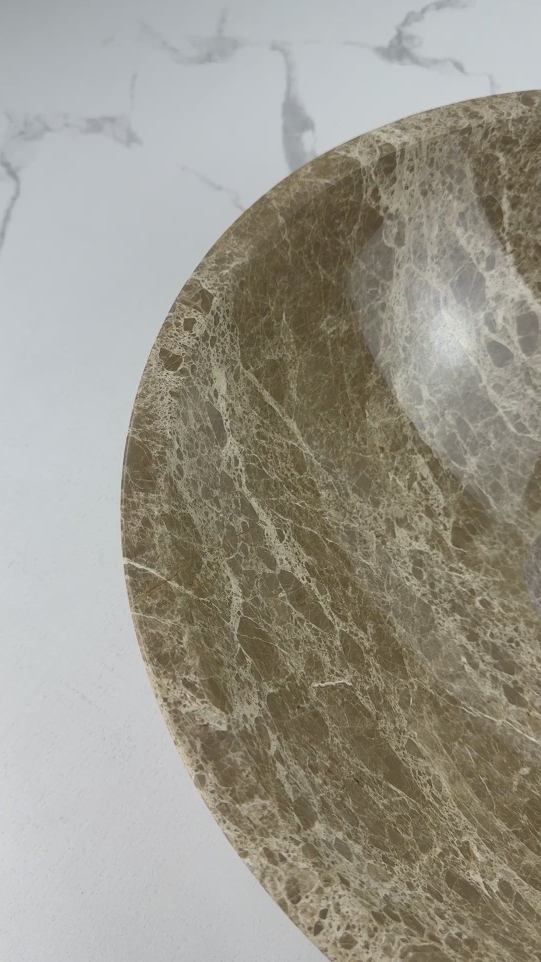 Enhance your bathroom with the Marble Muse Light Emperador Round Marble Basin, featuring a polished surface, timeless elegance, and exceptional durability.